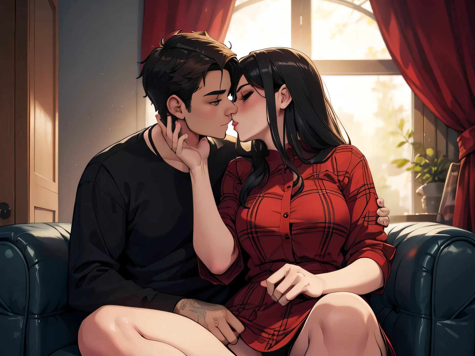 Amazing portrait of a young and sexy woman wearing a red dress sitting on lap of young man wearing a red and black flannel shirt and jeans who is sitting on a chair while kissing and making out passionately surrounded by dim lighting and they're sexy and hot and lustful