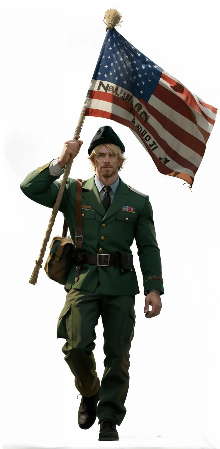 Masterpiece image of a muscular man, heroic posture, full body, scarecrow-man hybrid, handsome, with hay sticking out of his sleevs and hair is blonde with hay sticking out of his face. Has a rope around his neck with a sack tied on his head. rope on his hat. Rustic, carrying a flag. dynamic lighting, empty white background, by Skyrn99, full body, (((rule of thirds))), high quality, high detail, high resolution, long exposure: 2, high quality, 8K Ultra HD, 3D effect, 3D rendering, octane rendering