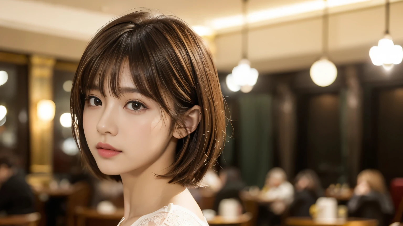 (masterpiece, Very detailed, Very detailed, Exquisite, 16k, Confused), woman, 19 years old, glamorous, (Suppin breeze:1.4), Looking at the audience, short hair, Messy Hair, Diagonal bangs, Brown Hair, Brown eyes, Upper Body, Cinema Lighting, Blurry background in focus, inside a stylish cafe, Urban Cafe 