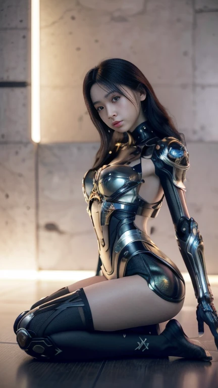 3D, A beautiful cyberpunk female,Exoskeleton Mecha,hdr(HighDynamicRange),Traching rays,NVIDIA RTX,Super resolution,Unreal 5,Subsurface scattering、PBR textures、post-processing、Anisotropic filtering、 Maximum definition depth of field and sharp layers Texture、Albedo and Speculares map、Surface color、Octane rendering accurate simulation of light material interactions、Bi-color lighting、Large aperture、ISO low、White balance、rule of thirds、8K raw data、black socks. armor with Vietnamese yellow star