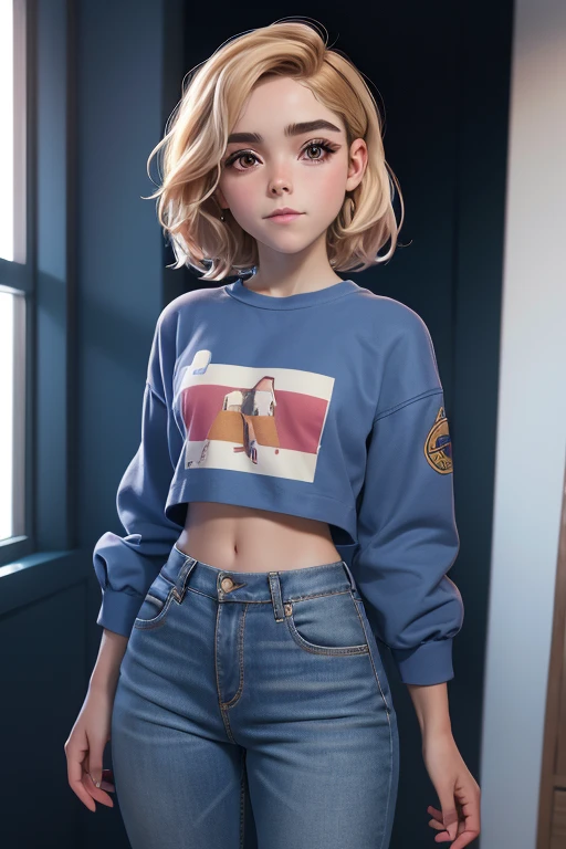 "" chica ("Kiernan Shipka") con sudadera roja y pantalones cortos de jean, Cabello rubio corto estilo pixie, cejas gruesas, Mejillas sonrojadas, cuerpo completo, estilo 3d de baja poli, baja poli, estilo de juego ps1, enfocar mejor, HD, detalles altos, mejor calidad, high resolution, 8k