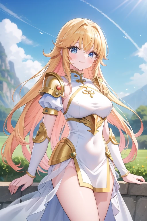 Une femme, 25 ans, manches, cheveux longs, cheveux multicolores, romantic smile, details, Saint Seiya, armure mythique, Saint Seiya Cosplay, Armure de chevalier, au bord d'une falaise, cascade, montagne chinoise, brume, 