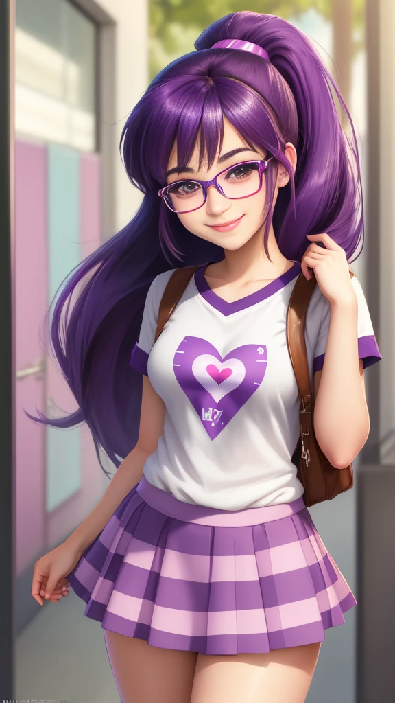 Masterpiece, best quality, mlptwilight cartoon characters from twilightsparkle. age girl, solo, smiling, looking at viewer, ponytail, glasses, striped shirt, purple skirt, high school background.