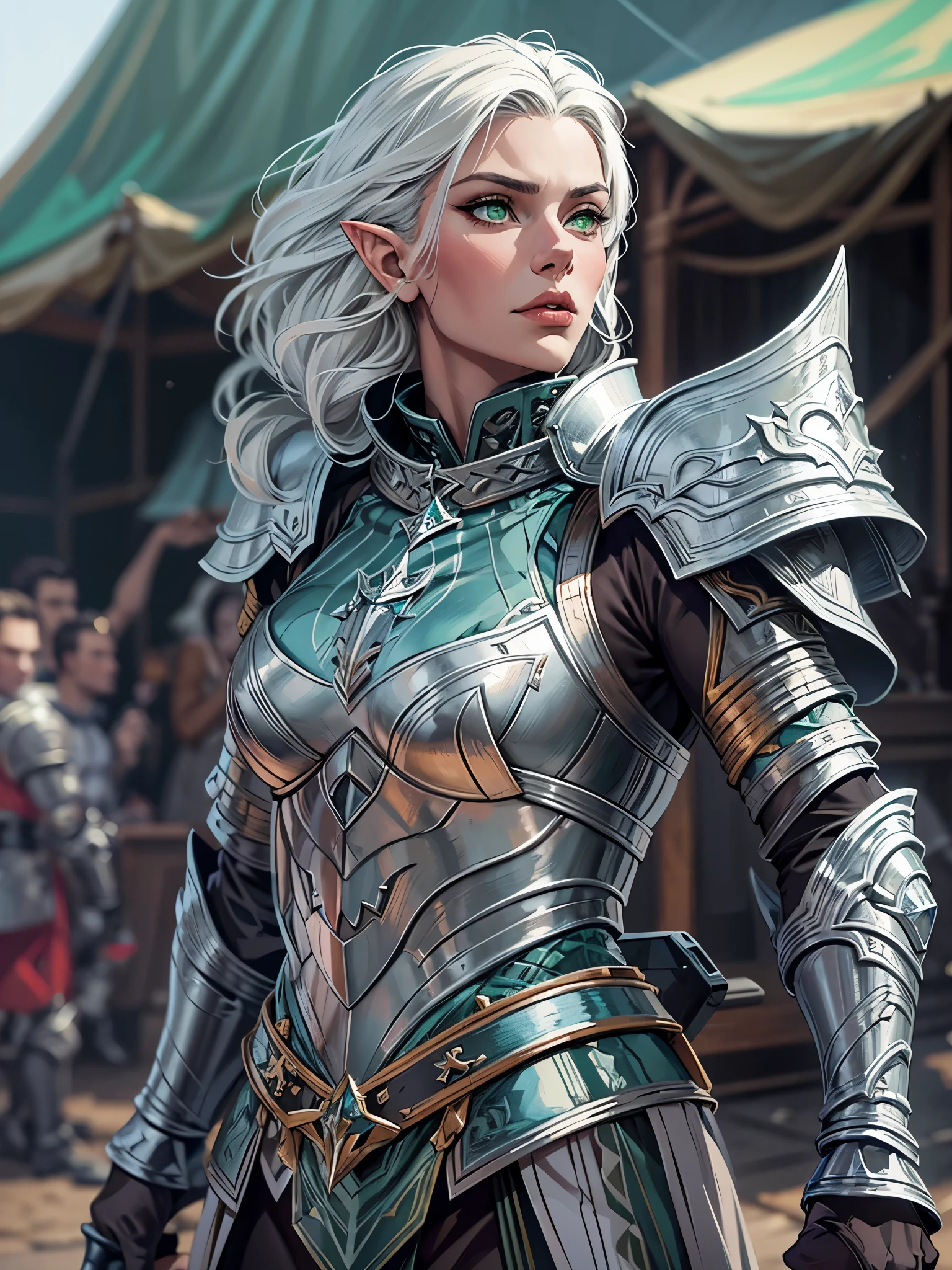 Beautiful, (1Nordic Woman), pointy ears, Silver hair, green eyes, she's wearing a silver and blue crusader armor, background: Medieval military base, Conceptual art, UHD, masterpiece, anatomically correct, high details, super detail, high quality, highres, 4K, 8k