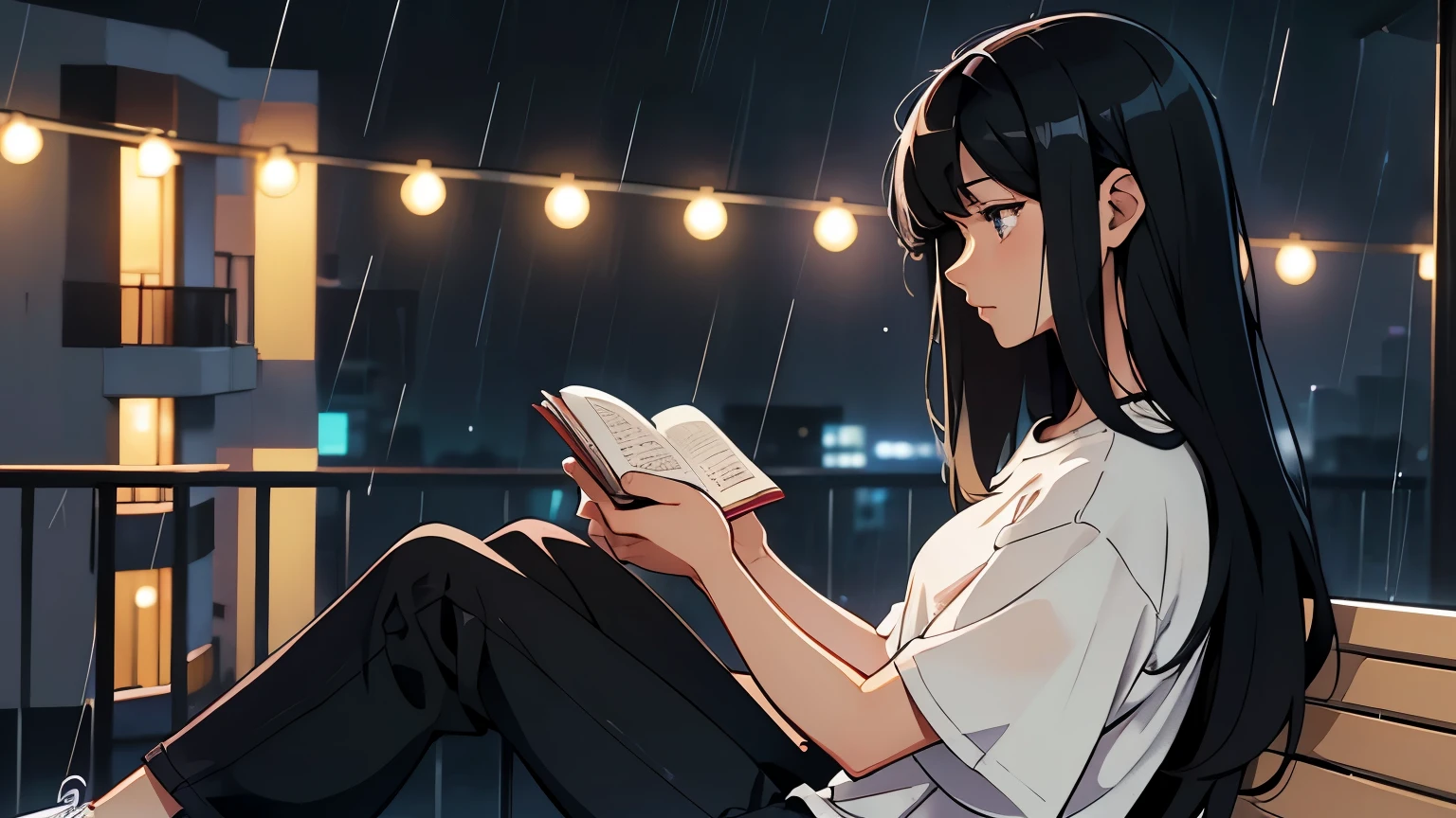 A black-haired girl with long hair, wearing an oversized T-shirt, sits on a bench on the balcony, listening to music and reading while it rains at night. The illustration style is colored pencil, with high-definition details in 8K.