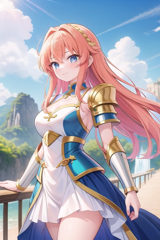 Une femme, 25 ans, manches, cheveux longs, cheveux multicolores, romantic smile, details, Saint Seiya, armure mythique, Saint Seiya Cosplay, Armure de chevalier, en haut d'une falaise, cascade, montagne chinoise, brume,