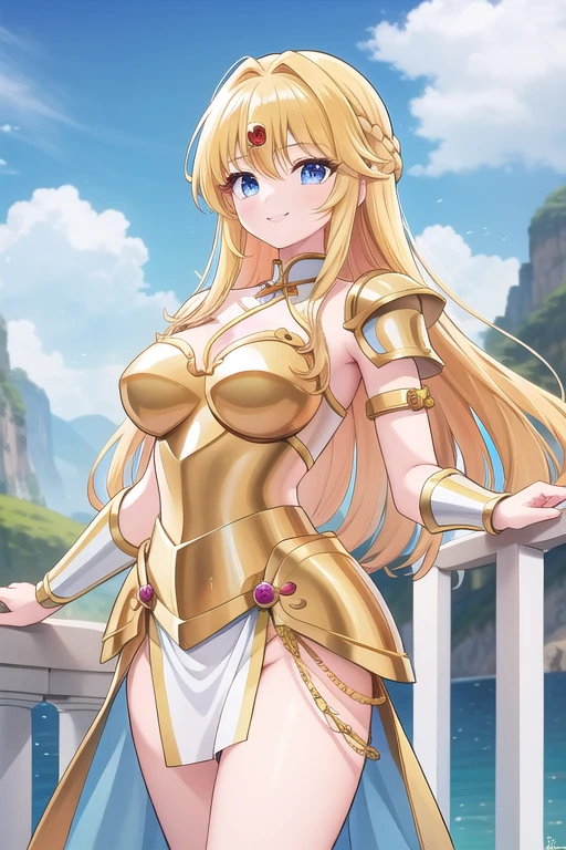 Une femme, 25 ans, manches, cheveux longs, cheveux multicolores, romantic smile, details, Saint Seiya, armure mythique, Saint Seiya Cosplay, Armure de chevalier, en haut d'une falaise, cascade, montagne chinoise, brume,