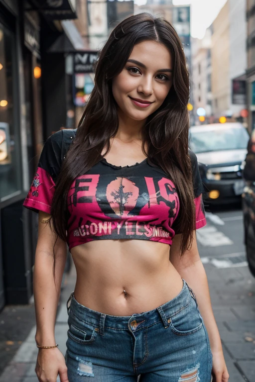 a woman, 25ear old, long brunette hairs, , textured skin, romantic smile, a lot of details, tenue de hardrock, metal rock, ripped tshirt, ripped jeans