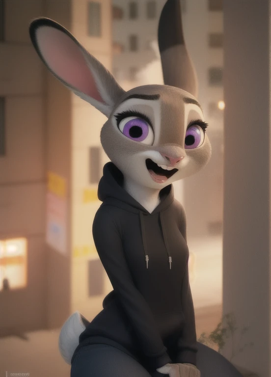 judyhopps, furry female anthro, rabbit girl, portrait,  rabbit ears, (black hoodie:1.2),  solo, (body fur:1.2), (best quality), (detailed urban background:1.2), cinematic lighting, (detailed fluffy fur:1.1), looking at viewer, spread legs, open mouth, shy(purple eyes:0.8), 