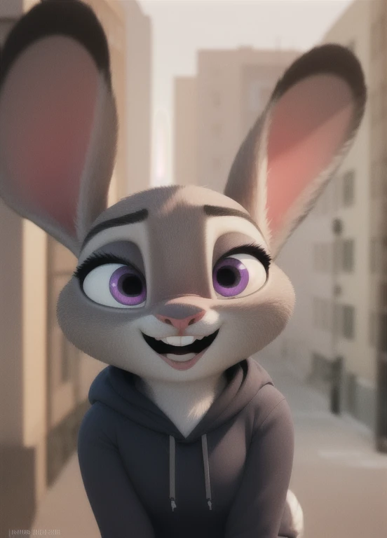 judyhopps, furry female anthro, rabbit girl, portrait, rabbit ears, (black hoodie:1.2), solo, (body fur:1.2), (best quality), (detailed urban background:1.2), cinematic lighting, (detailed fluffy fur:1.1), looking at viewer, spread legs, open mouth, shy(purple eyes:0.8),