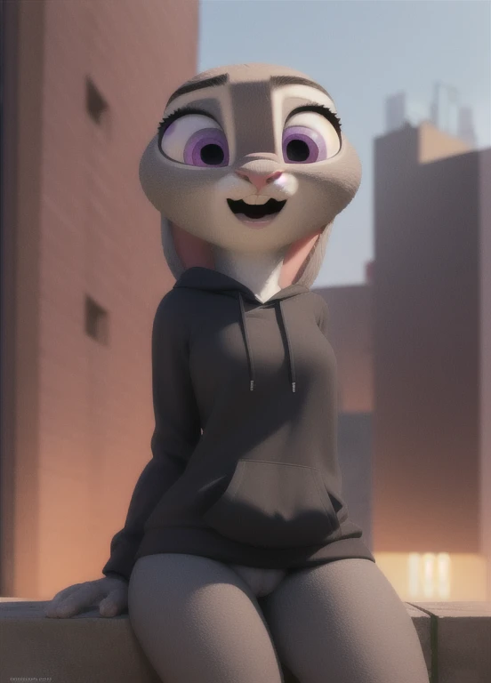 judyhopps, furry female anthro, rabbit girl, portrait, rabbit ears, (black hoodie:1.2), solo, (body fur:1.2), (best quality), (detailed urban background:1.2), cinematic lighting, (detailed fluffy fur:1.1), looking at viewer, spread legs, open mouth, shy(purple eyes:0.8),