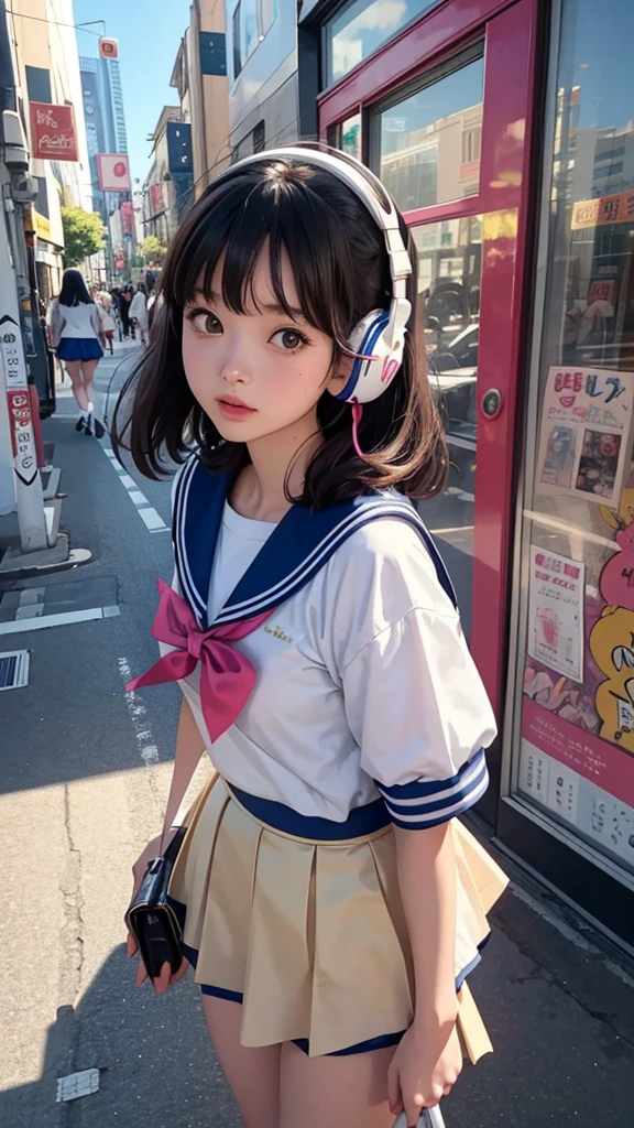 90s City Pop Art、Anime illustration、lofi girl、Beautiful high school girl、8 headodel、Sailor suit uniform、mini skirt、Walking around Harajuku、Headphones 1.2、Listening to music、big eye、whole body、1 person、Cowboy Shot、Sepia