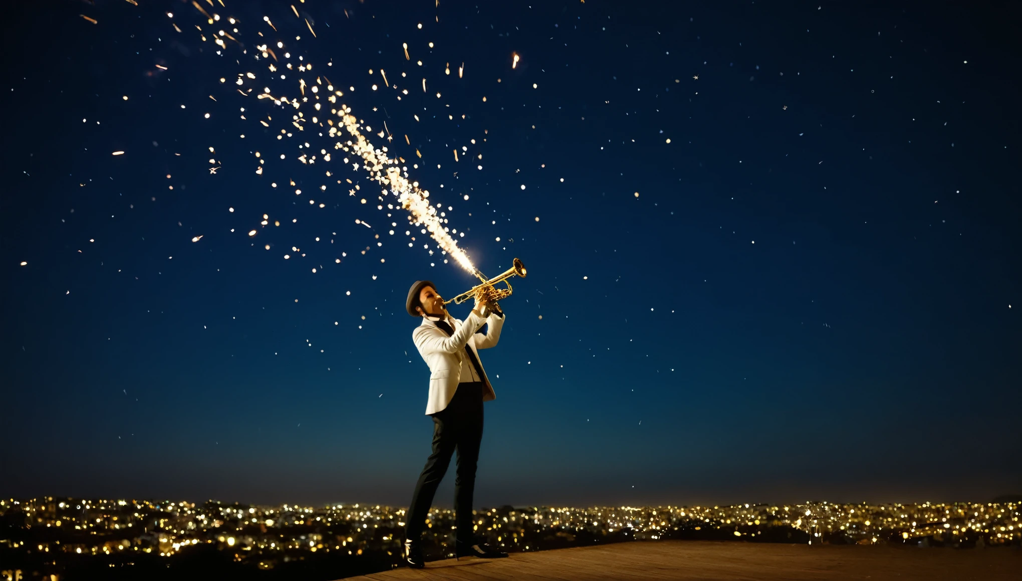 Uma pessoa tocando saxofone, falling spark from the sky, cor de fundo brilhante 