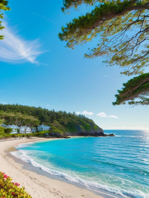 (beautiful, vivid) beach house with (lush, vibrant) trees lining the road. The scene is filled with (breathtaking, stunning) colors, creating a (magical, dreamlike) atmosphere. The house is (charming, cozy), with (large, open) windows and (inviting, comfortable) outdoor spaces. The (golden, sandy) beach stretches out in front of the house, with (crystal clear, turquoise) waves gently rolling onto the shore. The (bright, warm) sun illuminates the scene, casting (long, captivating) shadows. The (gentle, refreshing) breeze carries the scent of the ocean, creating a sense of tranquility. The sky is a (clear, azure) blue, adorned with (fluffy, white) clouds. In the distance, sailboats gracefully glide across the (sparkling, glistening) water. The scene is a true (masterpiece, work of art), with (dramatic, dramatic) lighting and (impeccable, detailed) textures.