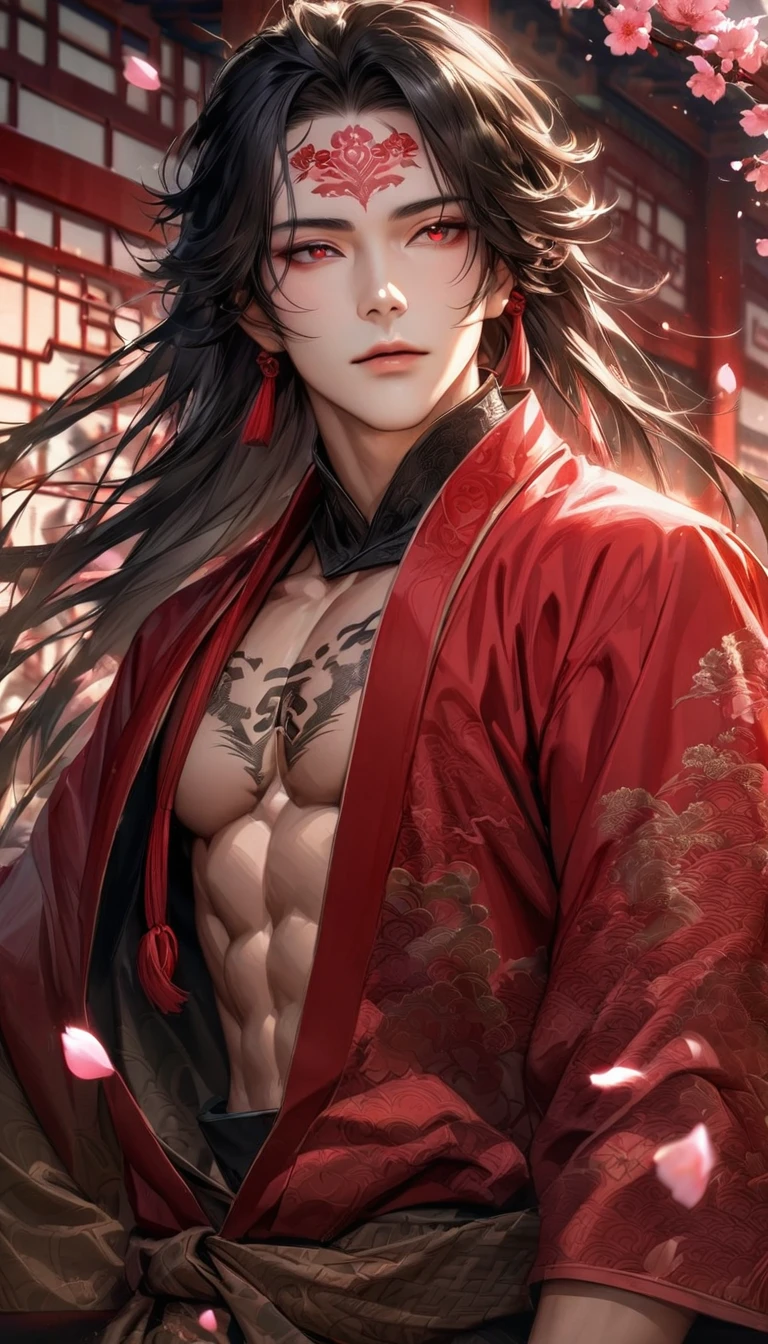 absurdres, highres, ultra detailed, HDR, master piece, best quality, perfect face, beautiful eyes, realistic face, Luo Binghe, black long hair, without bangs, expressive red eyes, Scumbag System, solo, sexy man, handsome, red lotus tattoo on the forehead, black and red robes, patterns, accessories, toned chest, cherry blossoms, pink petals, pink flowers, pink butterflies, Chinese ambiance