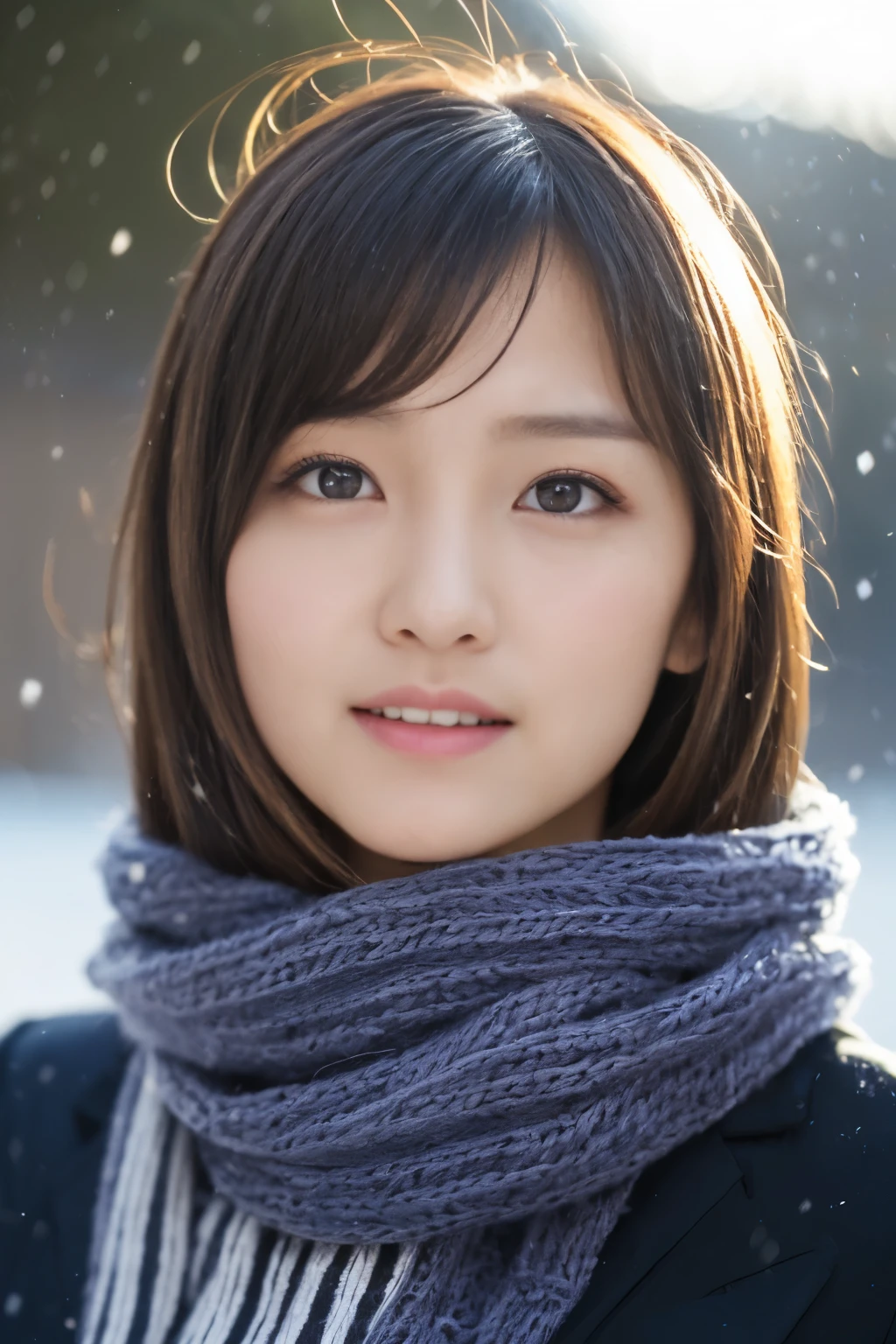 ((Show face only、Close-up of face、no-makeup))、(realisitic、Photorealsitic、ultra-detailliert、Highest Details Skins、top-quality、masterpiece、超A high resolution)、Cute Japan Woman、17 age、hi-school girl、younggirl、1 girl in、I have bangs、double eyelid、drooing eyes、Large black eyes、Japanese style face、ssmile、Charming、purity、Straight face、double tooth、View here、Realistic skin type、Thick muffler、Grey muffler、fluffy hair、((Hair is inside the scarf:1.3))、Red cheeks、The wind is blowing、It's snowing、illuminations、Lighting from behind