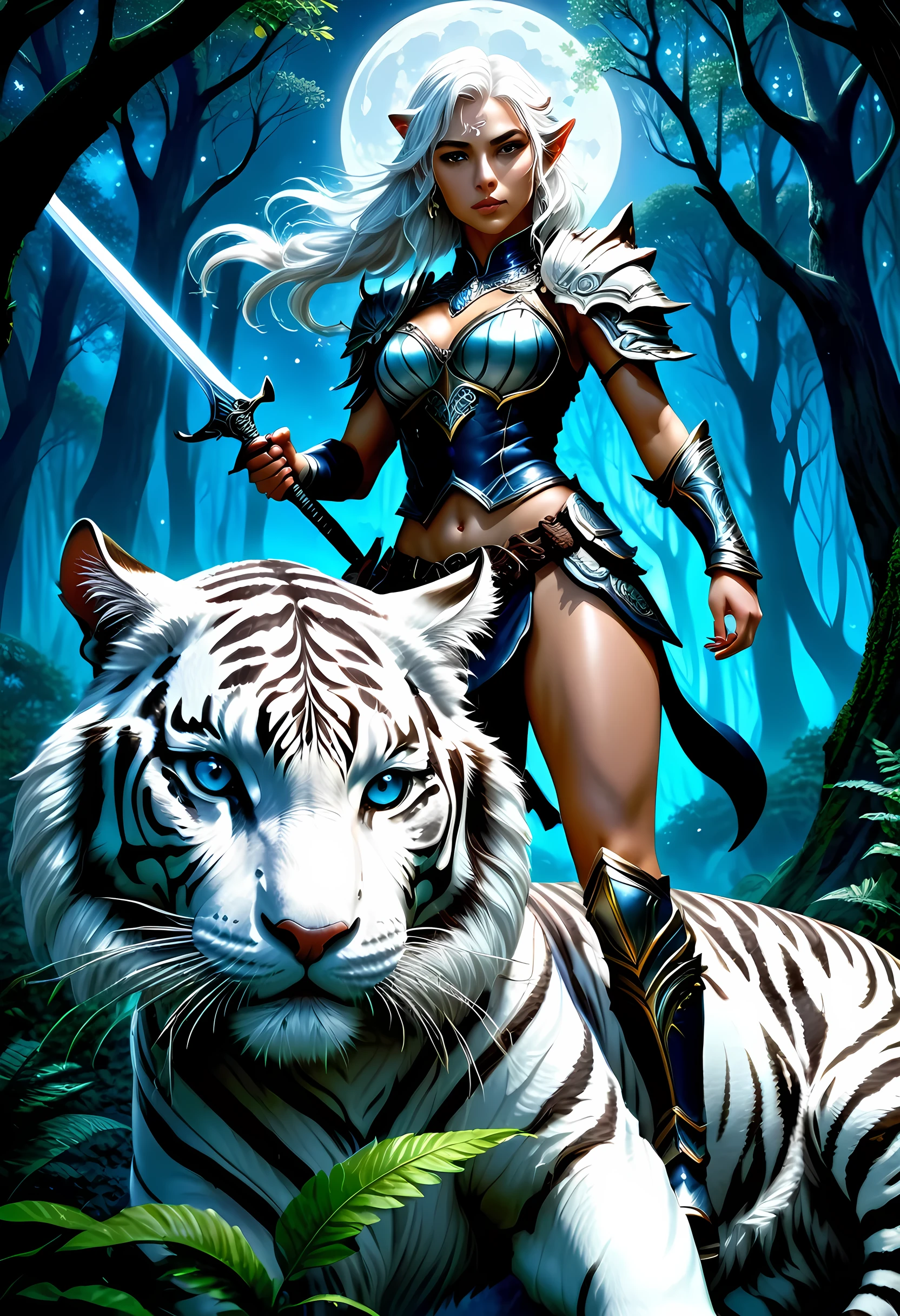 high details, best quality, 16k, [Ultra detailed], masterpiece, best quality, (extremely detailed), dynamic angle, ultra wide shot, RAW, photorealistic, fantasy art, RPG art, realistic art, a wide angle picture of an epic female drow elf ranger and her pet (white tiger: 1.3),  warrior of nature, fighter of nature, full body, [[anatomically correct]] full body (intricate details, Masterpiece, best quality: 1.5) talking to am epic (white tiger: 1.3) (intricate details, Masterpiece, best quality: 1.6) armed with an epic magical sword  (intricate details, Masterpiece, best quality: 1.5) epic magical sword fantasysword sword, glowing in blue light , in dark forest ( intricate details, Masterpiece, best quality: 1.4), a female beautiful epic drow wearing leather armor (intricate details, Masterpiece, best quality: 1.5), leather boots, thick hair, long hair, white hair, black skin intense eyes, forest  background (intense details), moon light, stars light, clouds (intricate details, Masterpiece, best quality: 1.5), dynamic angle, (intricate details, Masterpiece, best quality: 1.3), high details, best quality, highres, ultra wide angle, dungeons and dragons