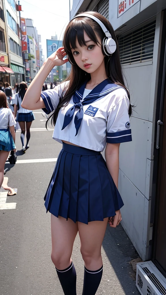 90s City Pop Art、Anime illustration、lofi girl、Beautiful high school girl、8 headodel、Navy blue sailor uniform、mini skirt、Knee-high socks、Walking around Harajuku、Headphones 1.2、Listening to music、big eye、whole body、1 person、Cowboy Shot、Sepia