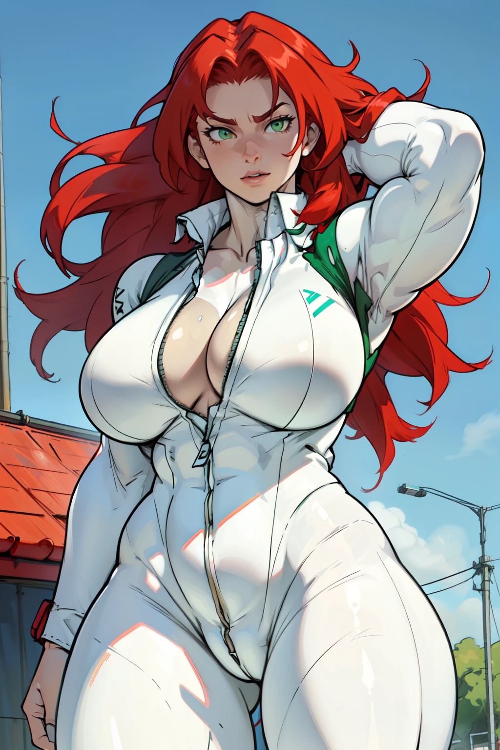 1 girl (Huge muscles, huge breasts, huge hips) red hair, green eyes, pale skin muscular thick thick thick very long hair thick thick ((((strongly unbuttoned bodysuit)))) ((((white bodysuit)))