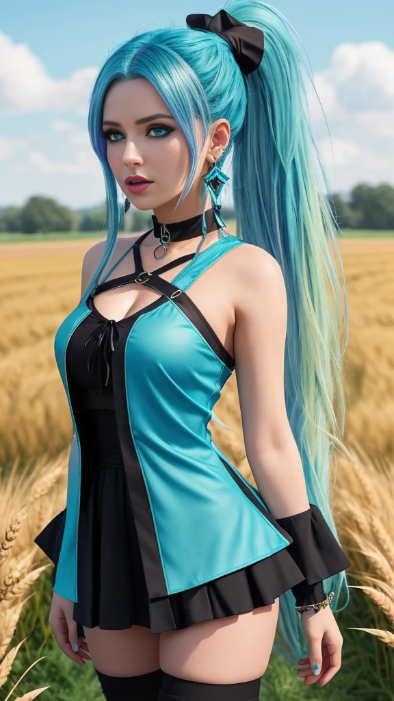 sky, field, wheat, high detailed, 8k, highres, (k/da all out seraphine), league of legends, k/da \(league of legends\), cowboy shot, 1girl, solo, aqua hair, gradient hair, multicolored hair, blue eyes, lips, long hair, long ponytail, ponytail, earrings, jewelry, armlet, bracelet, choker, ice wings, blue dress, layered clothing, black skirt, single bare shoulder, thighhighs.