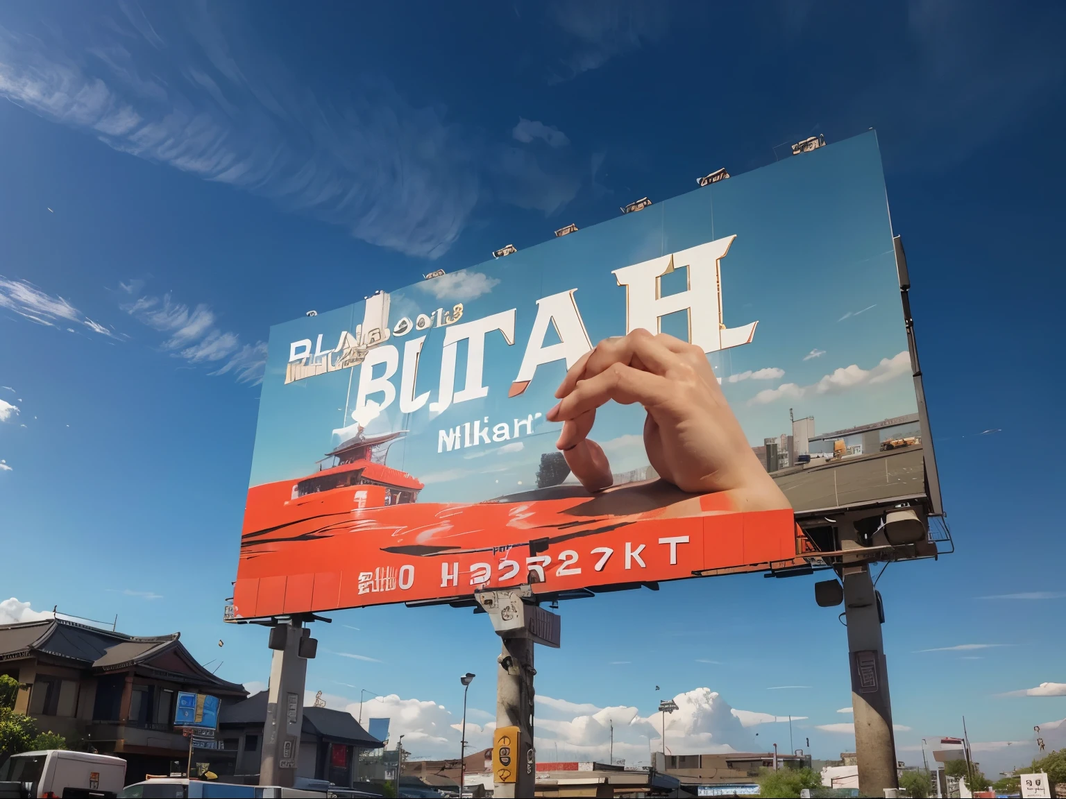 (Best quality, 8k, 32k, Masterpiece, UHD:1.2) "Transform the billboard into an Asian-influenced urban setting against a backdrop of dramatic clouds on a blue sky. Incorporate elements of traditional Asian architecture, such as pagoda roofs, intricate wooden details, and paper lanterns. Add bustling city streets with people, cars, and vendors to create a lively atmosphere. Enhance the sky with deep blue hues and dynamic cloud formations to evoke a sense of drama and movement in the scene." ((dramatic Clouds)), ((Billboard)), ((Blue Skies))