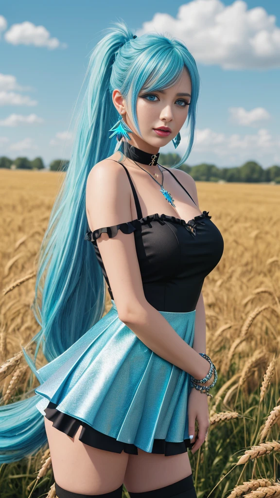 sky, field, wheat, high detailed, 8k, highres, (k/da all out seraphine), league of legends, k/da \(league of legends\), cowboy shot, 1girl, solo, aqua hair, gradient hair, multicolored hair, blue eyes, lips, long hair, long ponytail, ponytail, earrings, jewelry, armlet, bracelet, choker, ice wings, blue dress, layered clothing, black skirt, single bare shoulder, thighhighs.