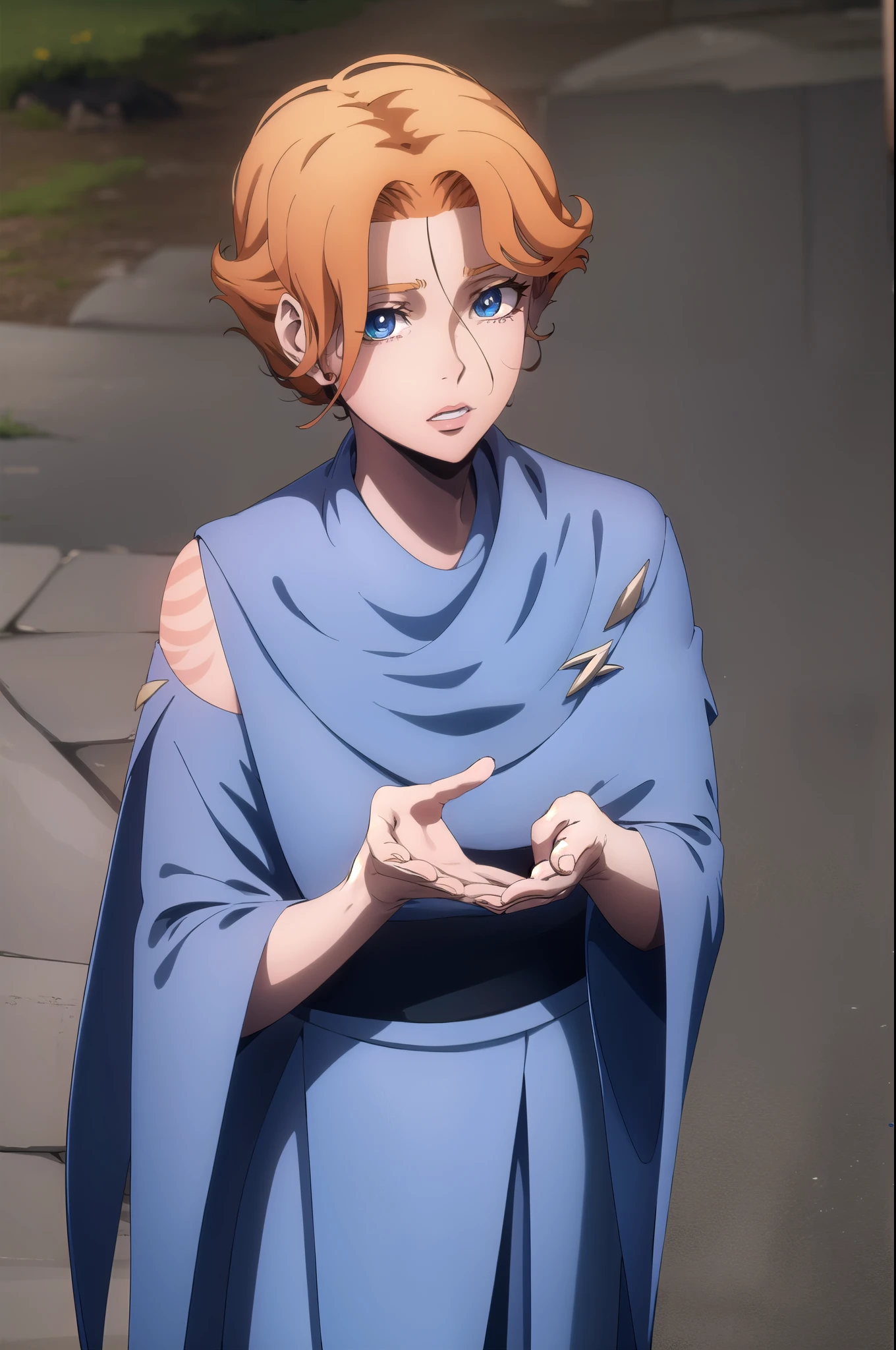 sypha, sypha, short hair, blue eyes, orange hair,
BREAK cape, blue cape,
BREAK looking at viewer, full body,
BREAK outdoors,
BREAK (masterpiece:1.2), best quality, high resolution, unity 8k wallpaper, (illustration:0.8), (beautiful detailed eyes:1.6), extremely detailed face, perfect lighting, extremely detailed CG, (perfect hands, perfect anatomy),