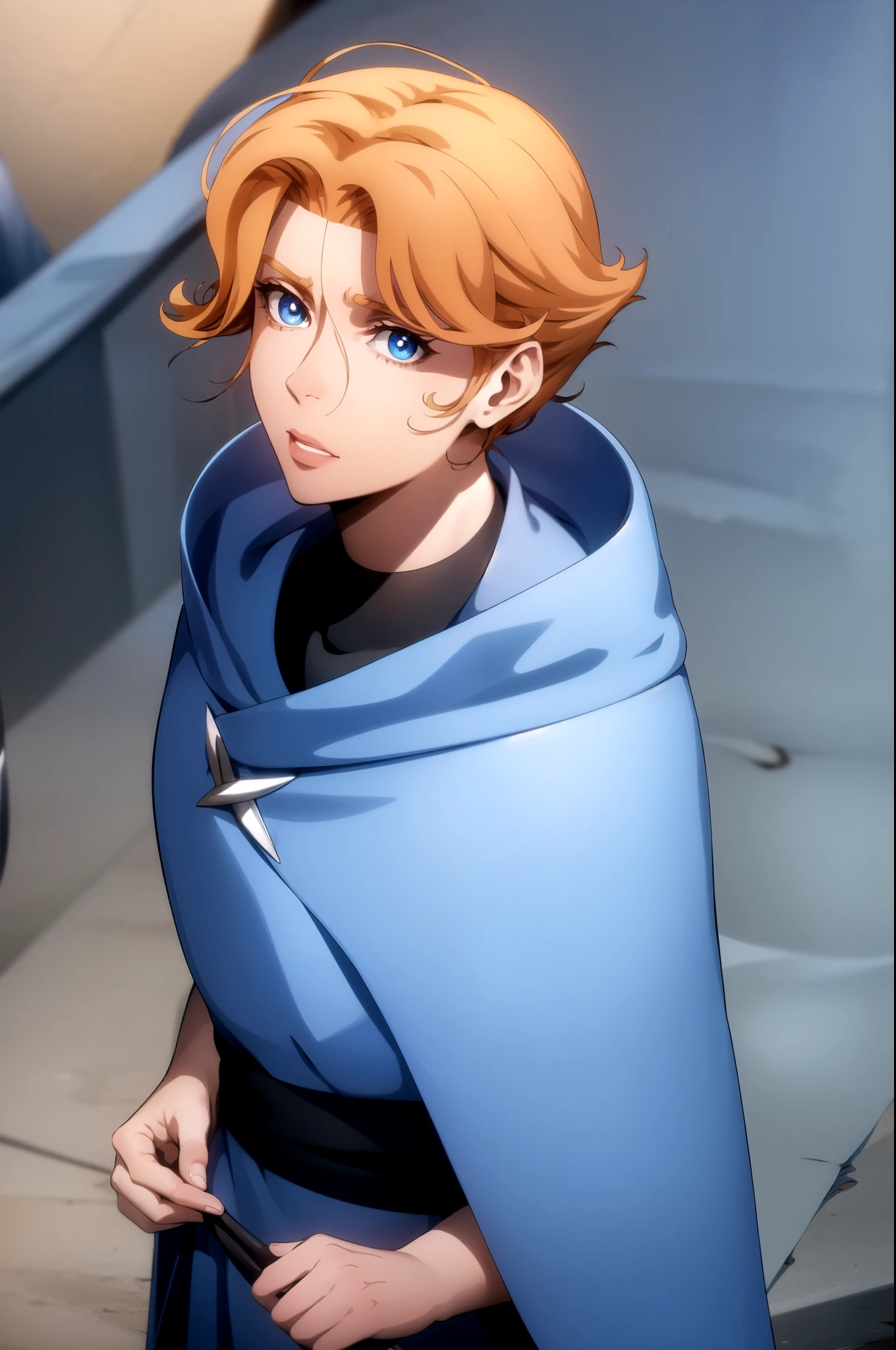 sypha, sypha, short hair, blue eyes, orange hair,
BREAK cape, blue cape,
BREAK looking at viewer, full body,
BREAK outdoors,
BREAK (masterpiece:1.2), best quality, high resolution, unity 8k wallpaper, (illustration:0.8), (beautiful detailed eyes:1.6), extremely detailed face, perfect lighting, extremely detailed CG, (perfect hands, perfect anatomy),