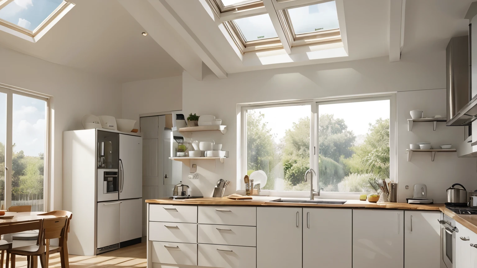 photorealistic image of a kitchen in white colors with skylights and many windows