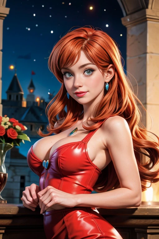 une femme de 25 ans, rousse, sexy, romantic smile, a lot of details, dans le monde de super mario, cosplay, mario, nintendo