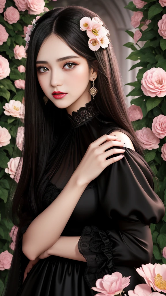 girl, long black hair, light brown eyes, gorgeous face, crying, apply light pink lipstick, highlight face and eyes, black evening dress, baroque, formidable, slim, gloomy round flower garden background, 30k, exquisite clothing details, high profile.