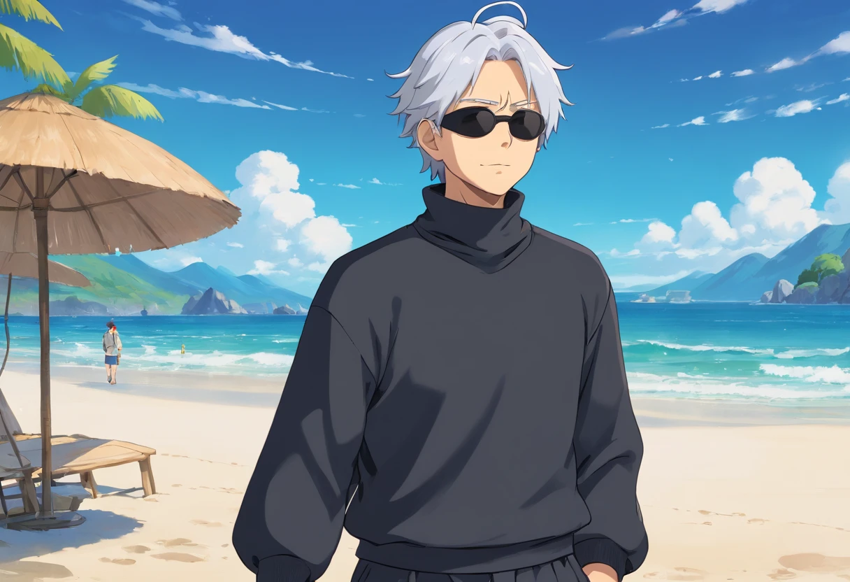 Satoru Gojo is a tall man, muito mais alto que seus alunos, and is apparently considered attractive by many women. He has white hair that is usually spiky upwards, but Gojo lets it loose when he&#39;s in more casual attire. Gojo tem olhos azuis brilhantes, But they are usually covered by their characteristic black blindfold or a pair of sunglasses.

Enquanto trabalha, Gojo wears a black turtleneck jacket with matching pants and black boots. No passado, Gojo usava bandagens sobre os olhos em vez de sua simples venda. He has several different casual attire that usually include long-sleeved shirts and long pants. He even wears long-sleeved sweatshirts to go to the beach and black sunga.