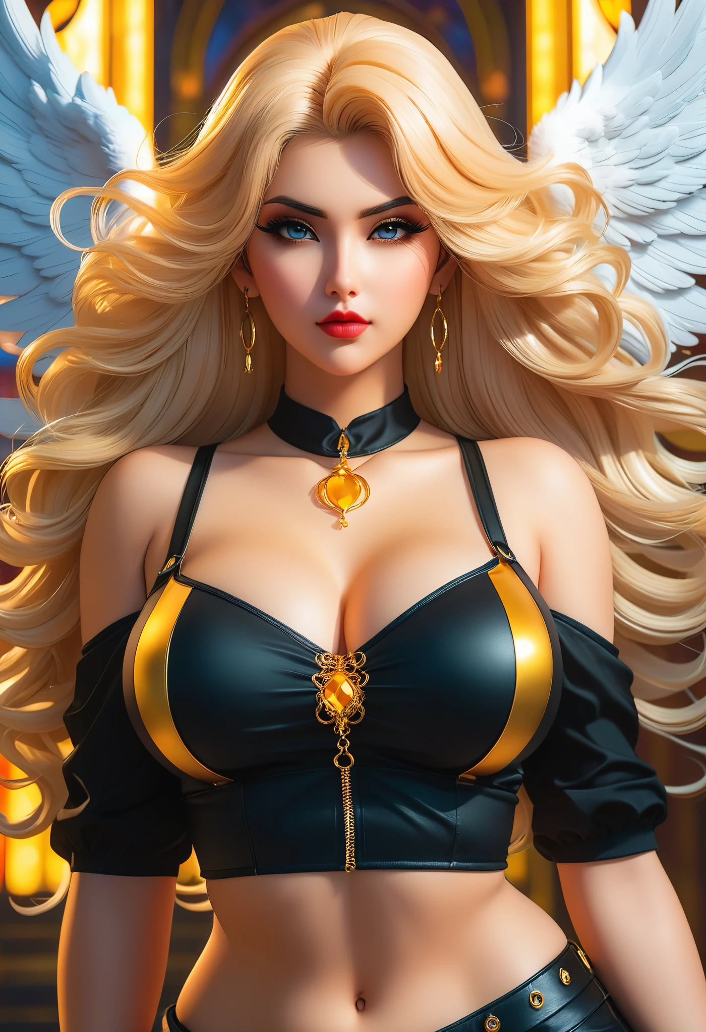 In a mesmerizingly portrayal, thick women busty, a glam-goth goddess angel her Age 28, clean skin,pretty hair, midriff club wear, trending on cgsociety, epic, trending on artstation, highly detailed, vibrant, production cinematic character render, ultra-high-quality model, golden ratio manhwa, manhua, background mysterious, does not produce same pose when remixed.