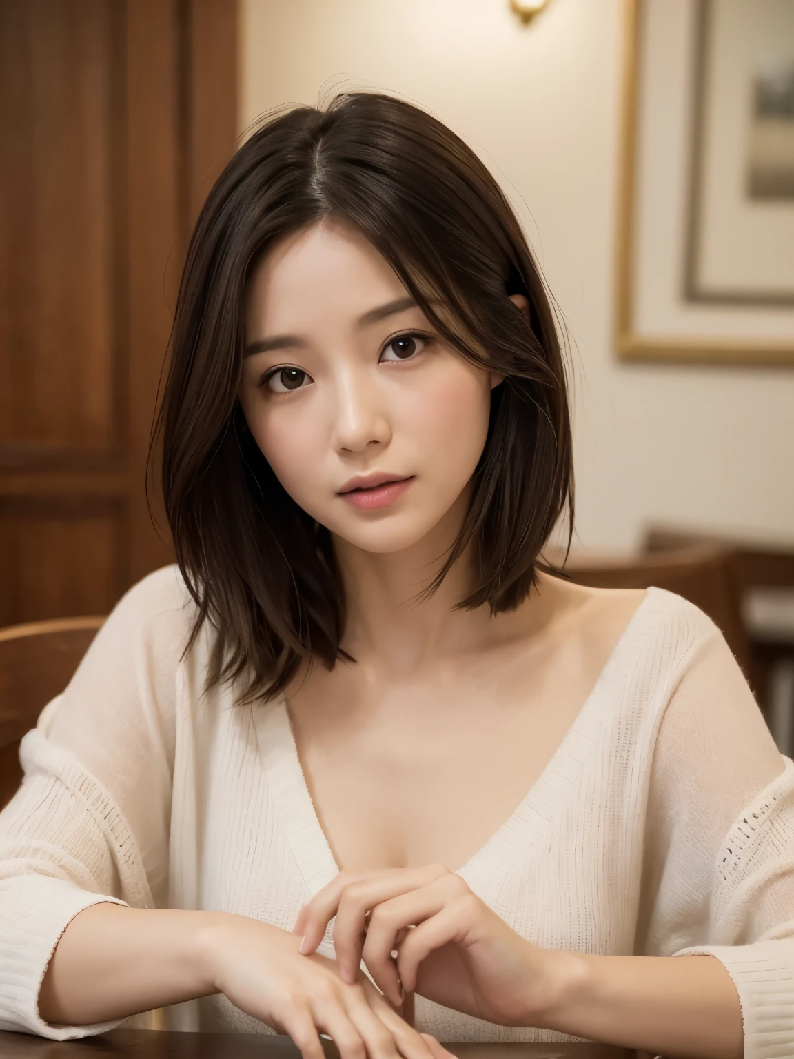 (layered haircut:1.hort wavy hair、8K、（Raw photo）、（最high quality）、（Photo realistic：1.4）realistic to the touch realistic、(4KHigh level image quality:1.2)、(High resolution, table top, Highest quality, high detail, formal: 1.4), (realistic: 1.2, Hyper-realistic: 1.1, Photo realisticです: 1.37), Depth of bounds written, (Detailed explanation of hair), (Detailed description of the face), unparalleled beauty,, (35 years old,: 1.4)、I&#39;m a little depressed、white wall、Taken in front of the white door、((A room with a white wall and a window))、natural soft light、short hair、beaver hair、realistic、High level image quality、high quality、profile、Versatile poses、profile、random pose、Autumn outfit、Winter clothes、 necklace