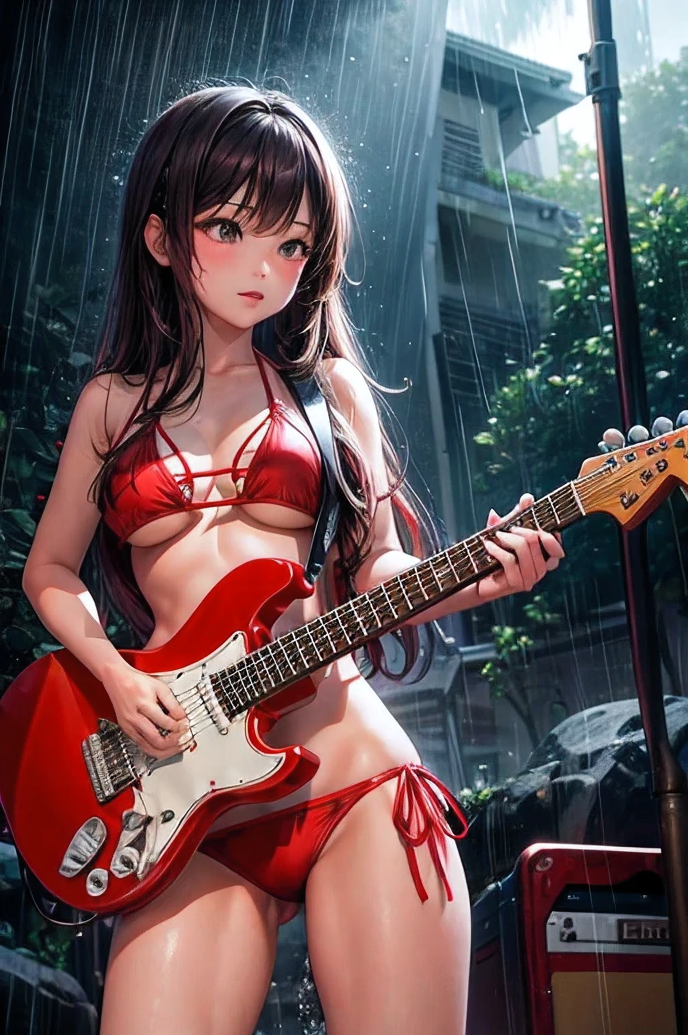 Thai girl is wearing red bikini, large breasts size "Cup E", and barefoot. Standing and playing red electric guitar while it rains and there is lightning. The picture is beautiful and clear and very realistic. Beautiful and fully fingers.