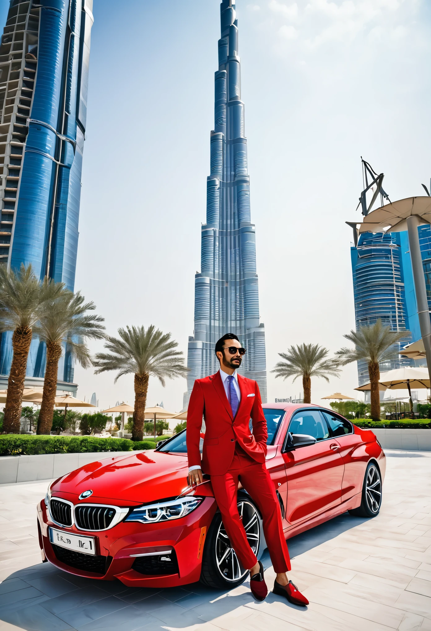 A Businessman wear red suit stay near bmw car and in front of burj khalifa