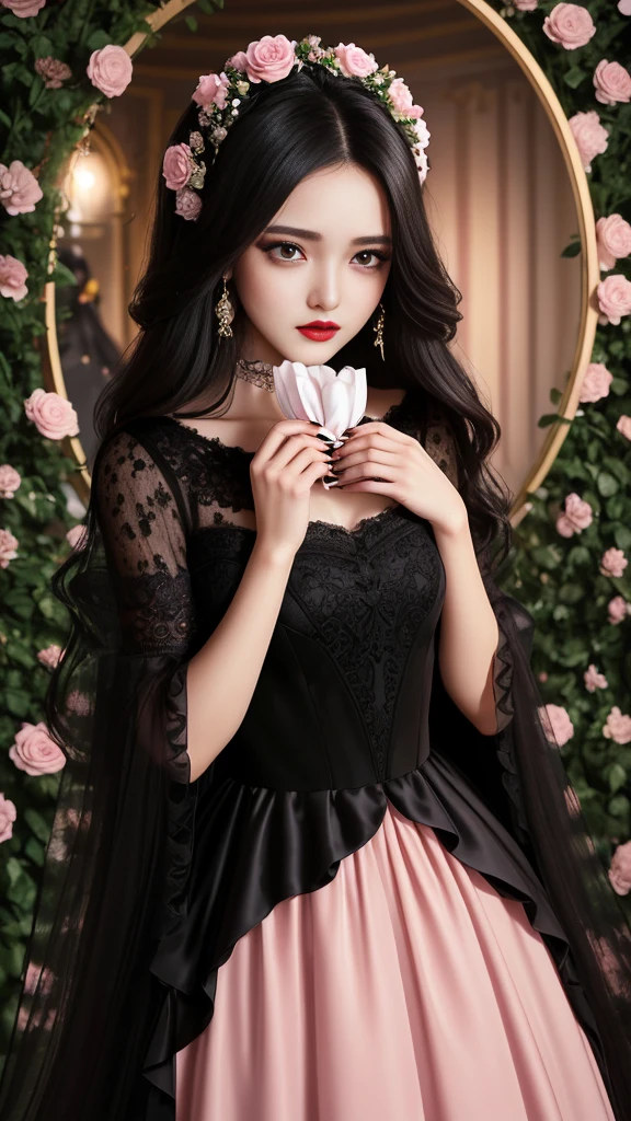  girl, long black hair, light brown eyes, gorgeous face, crying, apply light pink lipstick, highlight face and eyes, black evening dress, baroque, formidable, slim, gloomy round flower garden background, 30k, exquisite clothing details, high profile. 