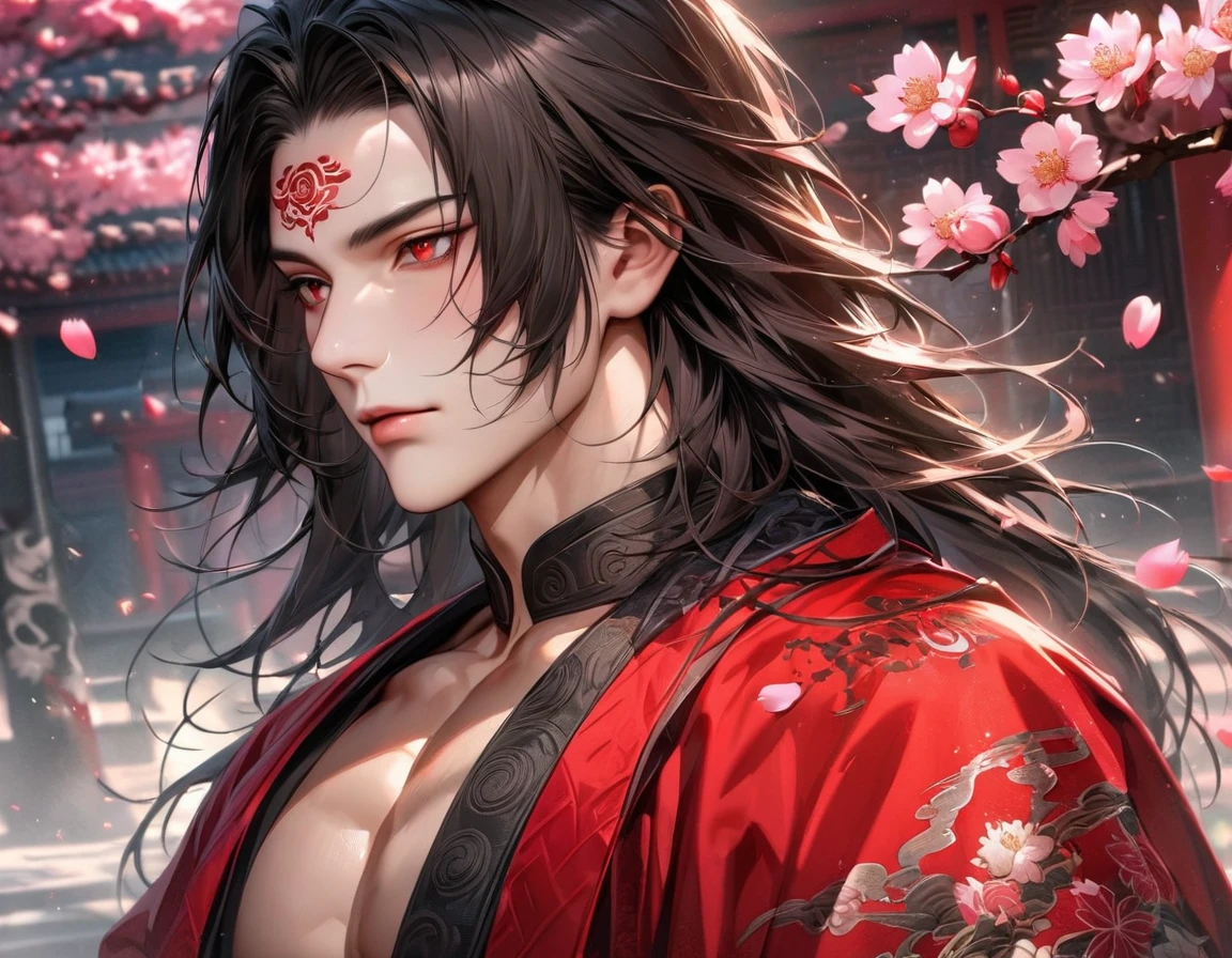 absurdres, highres, ultra detailed, HDR, master piece, best quality, perfect face, beautiful eyes, realistic face, Luo Binghe, black long hair, without bangs, expressive red eyes, Scumbag System, solo, sexy man, handsome, red lotus tattoo on the forehead, black and red robes, patterns, accessories, toned chest, cherry blossoms, pink petals, pink flowers, pink butterflies, Chinese ambiance