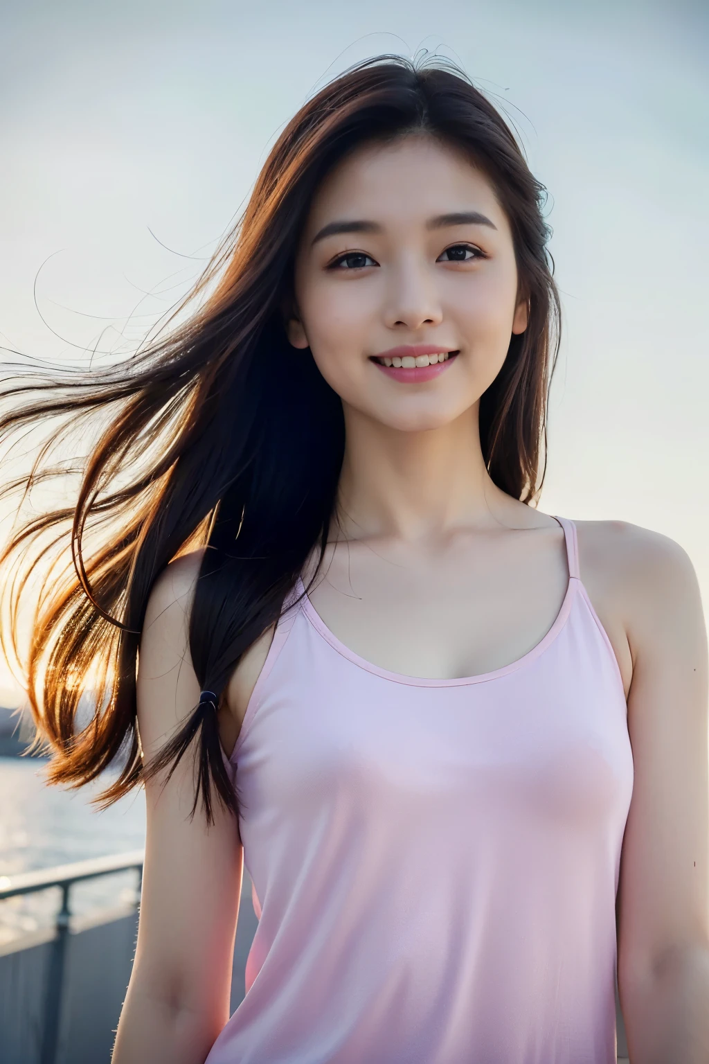 (8k, Best Quality, Masterpiece:1.2), (Realistic, Photorealistic:1.37), Ultra Detail, 1 Girl,Cute,Solo,Beautiful Detailed Sky,Date,(Blush),(Smile:1.15),(Closed Mouth)Small Breasts,Beautiful Detailed Eyes,(Long Hair: 1.2),Floating Hair NovaFrogStyle, Upper Body, Tank Top