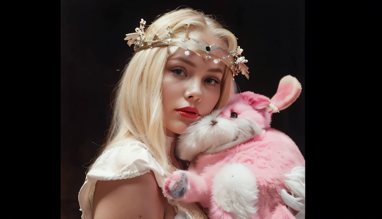 Blonde woman with a crown on her head and red lipstick., an album cover inspired by Sheila Mullen, tumblr, Arte Bruto, cejas blancas, looks like a mix of mugre, maquillaje de los 90, Kay Neilsen, closeup portrait film still, claudia schiffer, retrato de lolita, she looks like a mix of mugre, mugre