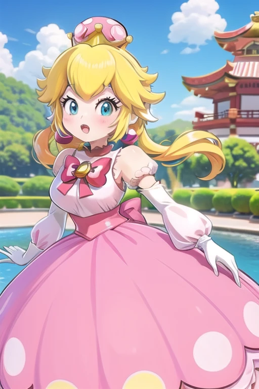 Une femme, 25 ans, mangas, cheveux longs, cheveux multicolores, details, cosplay princess peach, super mario, nintendo, jardin zen, temple japonais