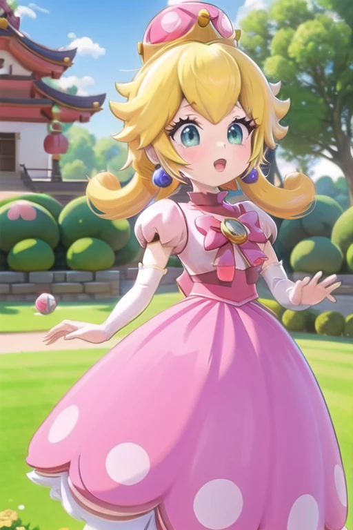 Une femme, 25 ans, mangas, cheveux longs, cheveux multicolores, details, cosplay princess peach, super mario, nintendo, jardin zen, temple japonais