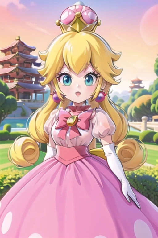 Une femme, 25 ans, mangas, cheveux longs, cheveux multicolores, details, cosplay princess peach, super mario, nintendo, jardin zen, temple japonais