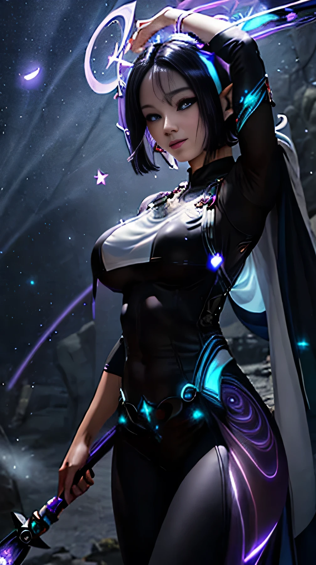 ((upper body)), best quality, masterpiece, a Japanese elf lady with ((Luminescence purple-black hair)), ((detailed dim glow violet eye)), high detailed goddess soul, focus on character, solo, (style swirl magic), solo, from front, front view, looking at viewer, detailed face, perfect face, smiling, ((Luminescence Lighting Magic Circle theme)), perched on a ledge, tight bodysuit, mana light streaks, wanderer abstract, ((Simple breast Curtain)), inscribed with smooth mystical runes, outdoor dystopian background, pointed ears