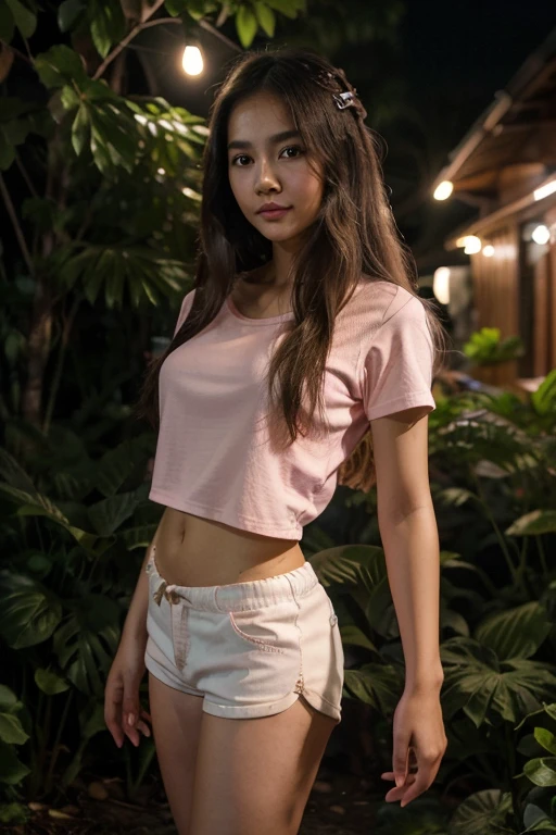 (best quality, highres) Young Thai girl with long beautiful hair (detailed), slightly smiling, dainty light pink lipstick, wearing a round-neck pink shirt and white shorts, standing in a graceful posture (graceful, poised) in a nighttime setting (dark, night), surrounded by vibrant fireflies [fireflies: vivid, glowing].