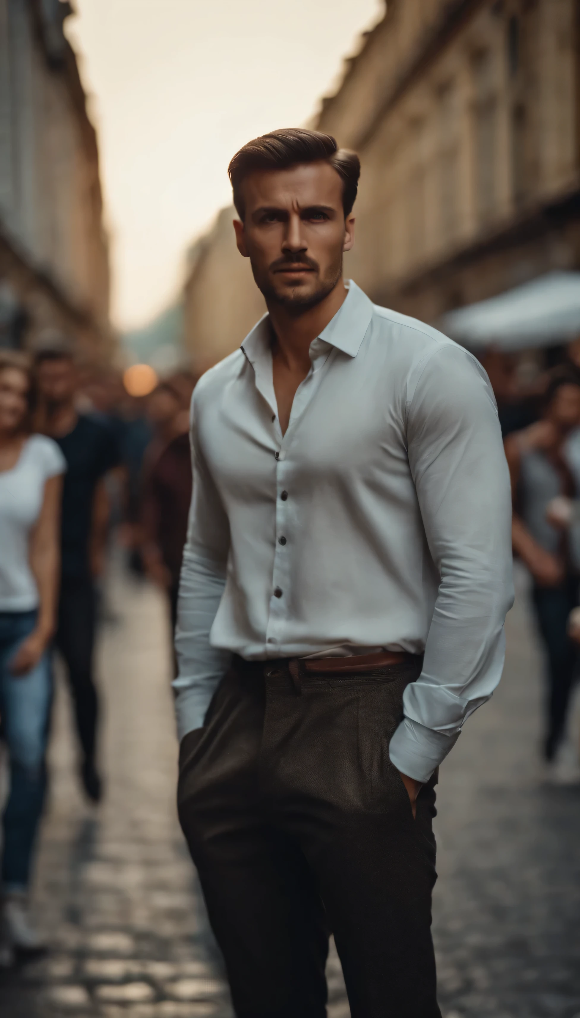 Man, in a shirt and pants, very short hair standing on the street, crowd of people behind, looks straight, Nowadays, closed pose