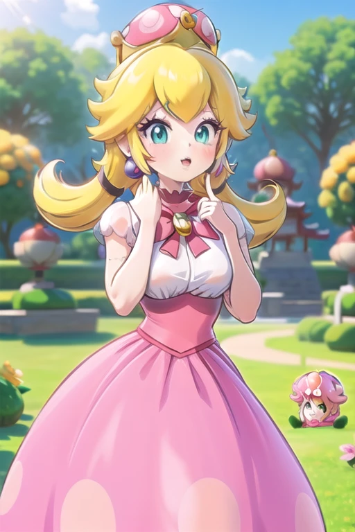 Une femme, 25 ans, mangas, cheveux longs, cheveux multicolores, details, cosplay princess peach, super mario, nintendo, jardin zen, temple japonais, lingerie en cuire