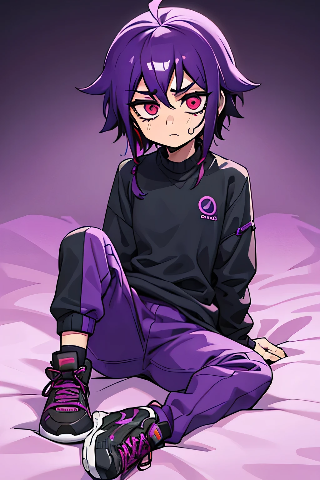man, purple and yellow wavy hair, fair skin, wears a purple and black sweater, long blue pants, black and red sneakers, wears a green watch on her right wrist, red eyes, sad, scared, short hair