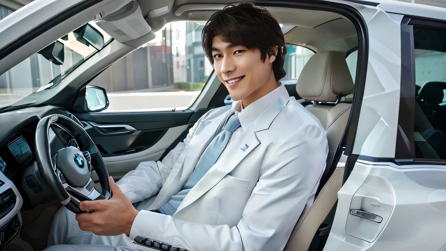 ((A white BMW840I))A young and handsome Japanese man 0 years old and 182 cm tall。Wearing a black suit. White shirt、Japanese man wearing light blue tie,)、with a smile on face..左手放在Direction plate上.Let your right hand hang naturally..Sitting in the driver's seat of BMW840I.Eyes looking in the direction of the audience.maintain eye contact,((driver seat.Direction plate.Dashboard.The details of the scenery outside the window are very clear)) young man with short hair.best picture quality、masterpiece、Ultra-high resolution、(Photo realism:1.4)、bust image. 8K、Super sharp、Light is real .Ultra high quality、tall gentleman、very beautiful hair、Bright photos .Handsome as a model、Handsome as an idol、Professional avatar、Professional portrait photos、Realistic portrait photos、Detailed color portrait、Idol portrait、High-quality half-length portrait photos