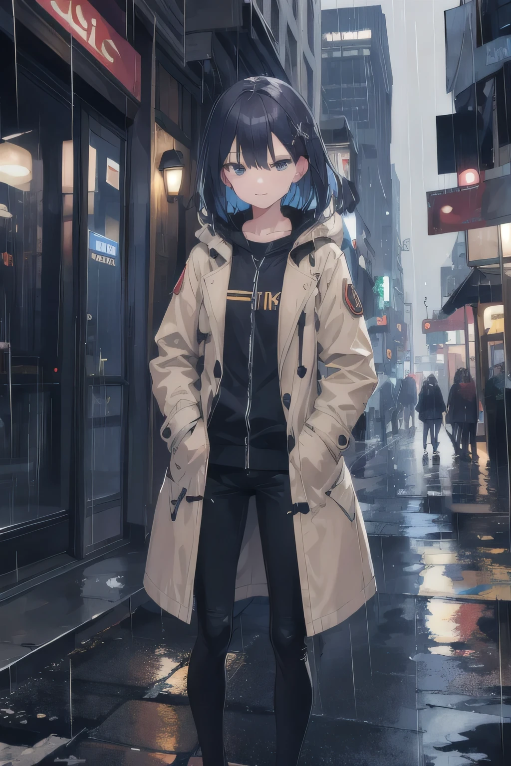 One girl,City of night,rain,coat,Put your hands in your pockets